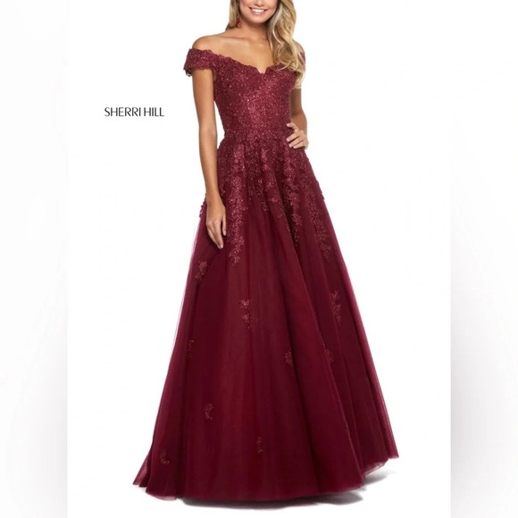 Sherri Hill‎ Burgundy Off-Shoulder Dress Size 0 - Picture 1 of 3